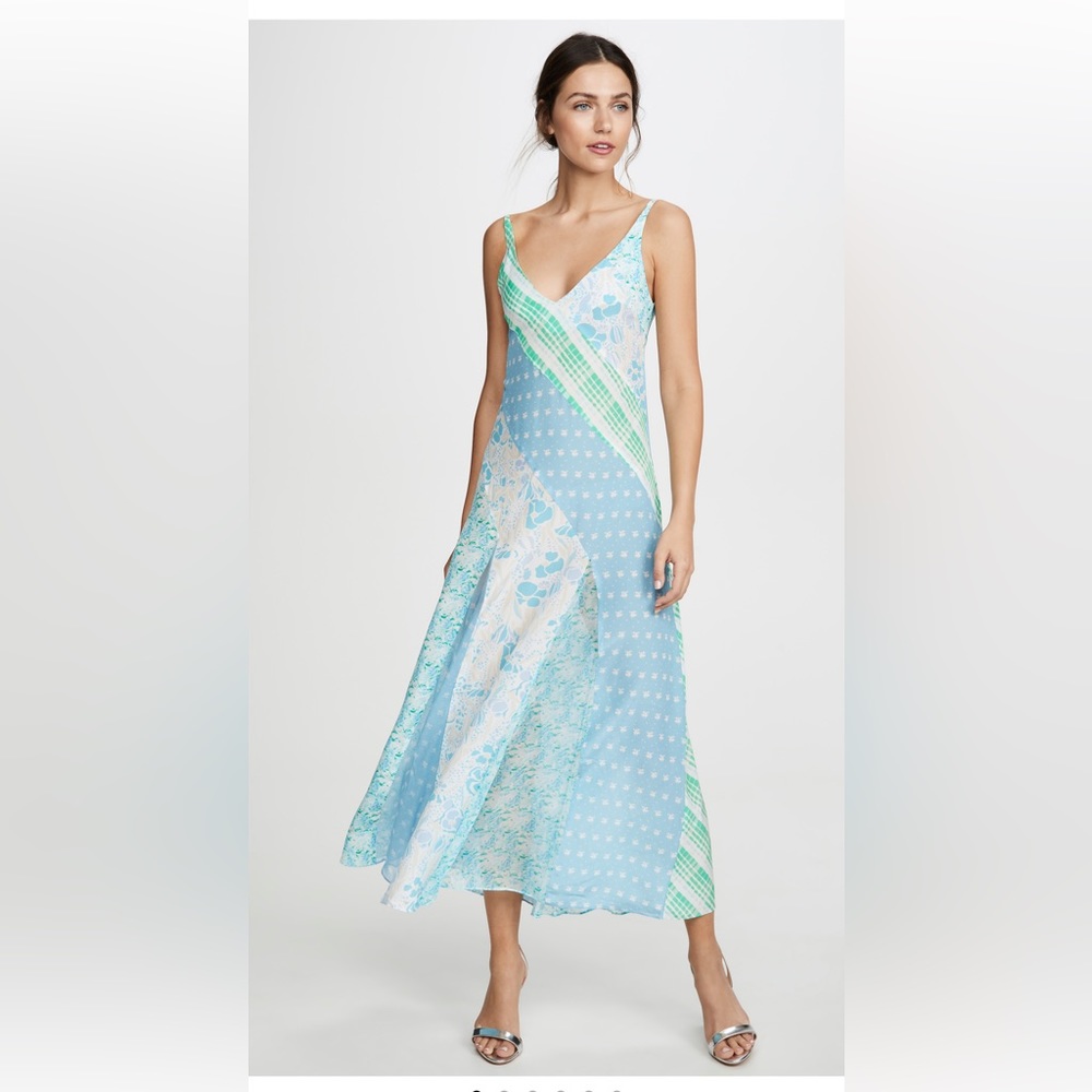 RIXO Denise Paneled Tank Maxi Dress Blue Floral Print Patchwork NWT
